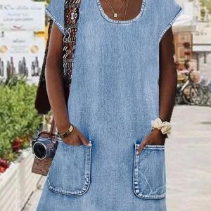 Women Plain Scoop Neck Cap Sleeve Comfy Casual Short Dress, Dresses, color:Blue|size:XXL, Noracora