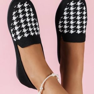 Breathable Houndstooth Slip On Shoes, Flats, color:Black|size:43, JustFashionNow