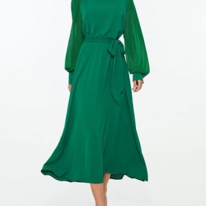 Stylewe Elegant Regular Fit Plain Long Sleeve Midi Dress, Dresses, color:Green|size:XS, Stylewe