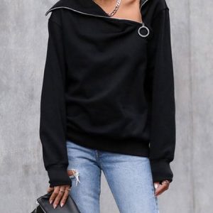 Loose Asymmetrical Casual Plain Sweatshirt, Hoodies and Sweatshirts, color:Black|size:XXL, Stylewe