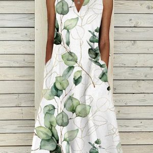 Leaf Loose Casual V Neck Dress, Dresses, color:Green|size:XXL, JustFashionNow