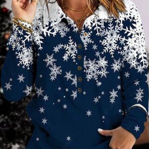 Casual Fashion Snowflake Print Button Lapel Long Sleeve Sweatshirt, Sweatshirts & Hoodies, color:Dark Blue|size:XXL, JustFashionNow