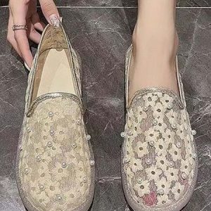 White Lace Pearl Rhinestone Mules, Flats, color:Apricot|size:40, JustFashionNow