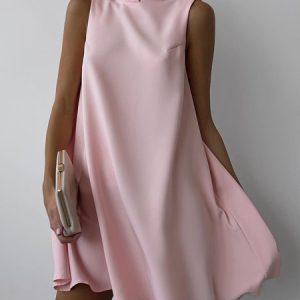 Elegant Stand Collar Plain Sleeveless Dress, Mini Dresses, color:Pink|size:XXL, Stylewe