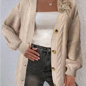 Yarn/Wool Yarn Casual Cardigan, Cardigans, color:Khaki|size:XL, Noracora