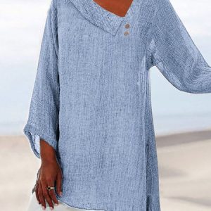 Asymmetrical Long Sleeve Plain Buckle Regular Loose Shirt For Women, Blouses, color:Blue|size:3XL, Noracora