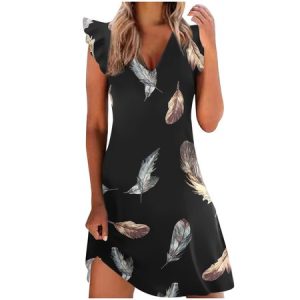 Women Ethnic V Neck Cap Sleeve Comfy Casual Short Dress, Short, color:Black-silver|size:XXL, Noracora