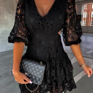 Women Lace V Neck Three Quarter Sleeve Comfy Party Lace Short Dress, Dresses, color:Black|size:XL, Noracora