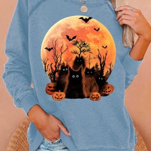 Womens Halloween Black Witch Cat Crew Neck Sweatshirt, color:Light Blue|size:3XL, Lilicloth.com