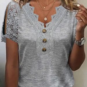V Neck Plain Casual Buttoned Shirt, Shirts & Blouses, color:Gray|size:XXL, JustFashionNow
