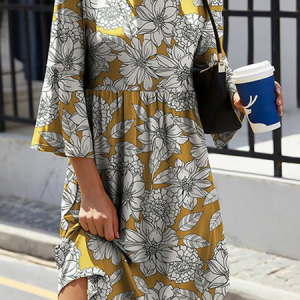 Casual Floral Three Quarter Sleeve Crew Neck Dress, Short, color:Khaki|size:5XL, Noracora