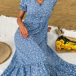 Women's Fashion Summer Pleated Holiday Sexy Big Swing Floral Dress, Midi, color:Blue|size:XXL, Noracora