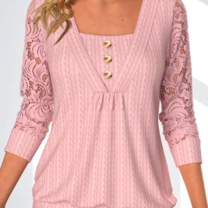Loose Plain Casual Lace Sweatshirt, Sweatshirts & Hoodies, color:Pink|size:XXL, JustFashionNow