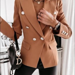 Plain Long Sleeve Pockets Lapel Outerwear, Blazers, color:Khaki|size:XXL, JustFashionNow