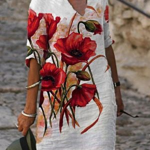 Women Floral Notched Half Sleeve Comfy Casual Printing Midi Dress, Midi, color:As Picture|size:XXL, Noracora