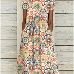Boho Vaction Short Sleeve Fit Ethnic Printing Casual Long Dress, Dresses, color:Orange|size:3XL, JustFashionNow
