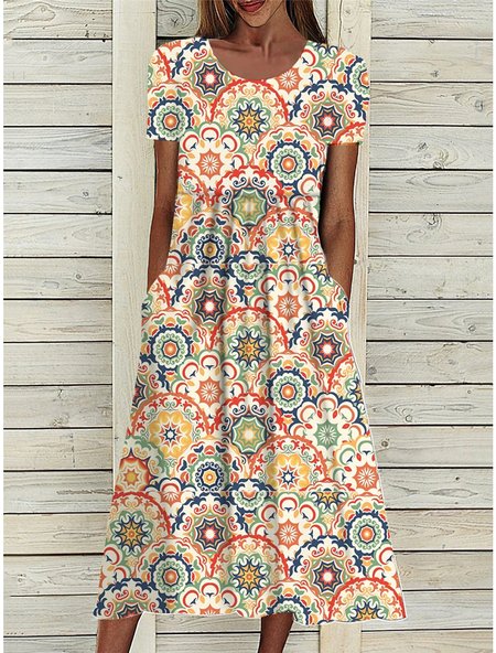 Boho Vaction Short Sleeve Fit Ethnic Printing Casual Long Dress, Dresses, color:Orange|size:3XL, JustFashionNow