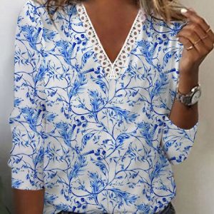 Lace Edge Loose V Neck Casual T-Shirt, T-Shirts, color:Blue|size:XXL, JustFashionNow