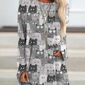 Cat Animal Crew Neck Casual Regular Fit Top, Shirts & Blouses, color:Gray|size:XXL, JustFashionNow
