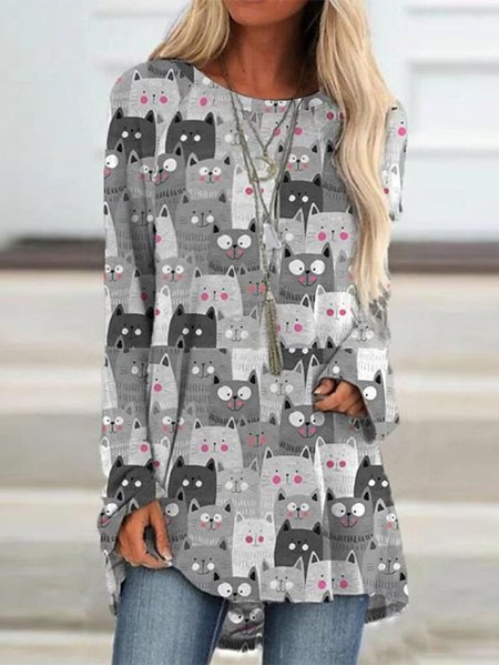 Cat Animal Crew Neck Casual Regular Fit Top, Shirts & Blouses, color:Gray|size:XXL, JustFashionNow