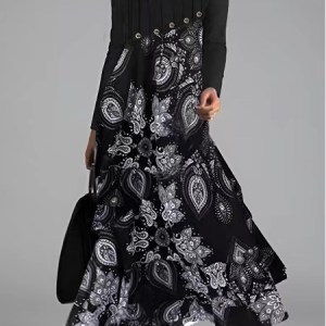 Casual V Neck Regular Fit Paisley Dress, Dresses, color:Black|size:XXL, JustFashionNow