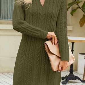 Women Plain V Neck Long Sleeve Comfy Elegant Short Sweater Dress, Sweater Dresses, color:Army Green|size:XXL, Noracora