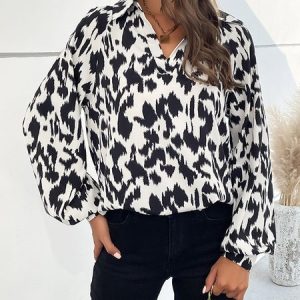 Women's Contrasting Abstract Pattern V-Neck Sweatshirt Long Sleeve T-Shirt Casual Clothing, Shirts & Blouses, color:Black-white|size:XL, JustFashionNow
