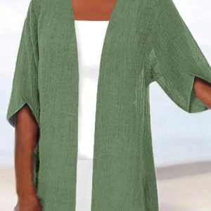 Crew Neck Casual Loose Plain Kimono, Kimono, color:Green|size:XS, catalog Noracora shop