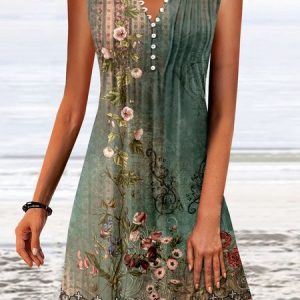 Buckle Casual Jersey Floral Printed Dress, Dresses, color:Deep Green|size:XXL, Noracora