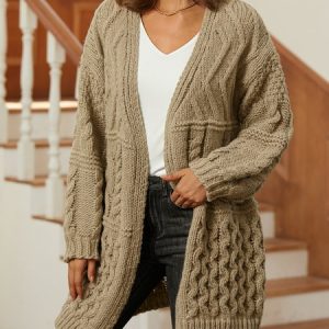 Casual Plain V Neck Loose Cardigan, Sweaters, color:Khaki|size:XXL, JustFashionNow