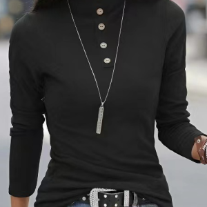 Casual Plain Half Turtleneck Buttoned T-Shirt, T-Shirts, color:Black|size:XXL, JustFashionNow