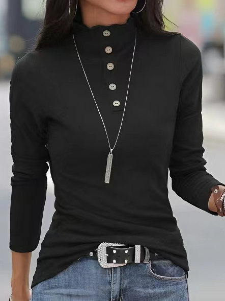 Casual Plain Half Turtleneck Buttoned T-Shirt, T-Shirts, color:Black|size:XXL, JustFashionNow