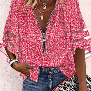 V Neck Casual Zipper Loose Shirt, Shirts & Blouses, color:Red|size:XXL, JustFashionNow