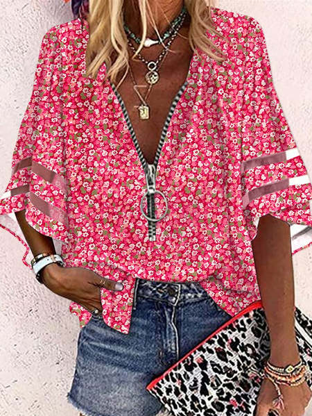 V Neck Casual Zipper Loose Shirt, Shirts & Blouses, color:Red|size:XXL, JustFashionNow