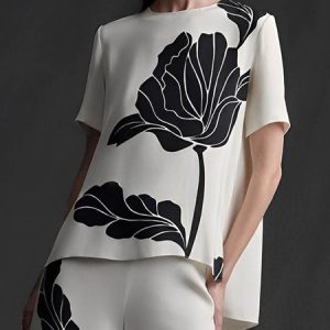 Elegant Crew Neck Loose Floral Short Sleeve Shirt, Blouses and Shirts, color:Off White|size:XXL, Stylewe