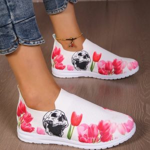 Halloween Skull Tulips Print Slip On Flyknit Sneakers, Sneakers, color:As Picture|size:43, JustFashionNow
