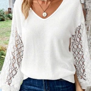 Lace Casual Plain T-Shirt, Shirts & Blouses, color:White|size:XXL, JustFashionNow