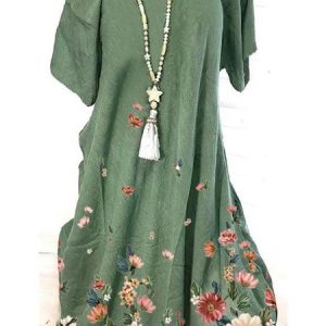 Casual Floral Crew Neck Dress, Dresses, color:Green|size:4XL, JustFashionNow
