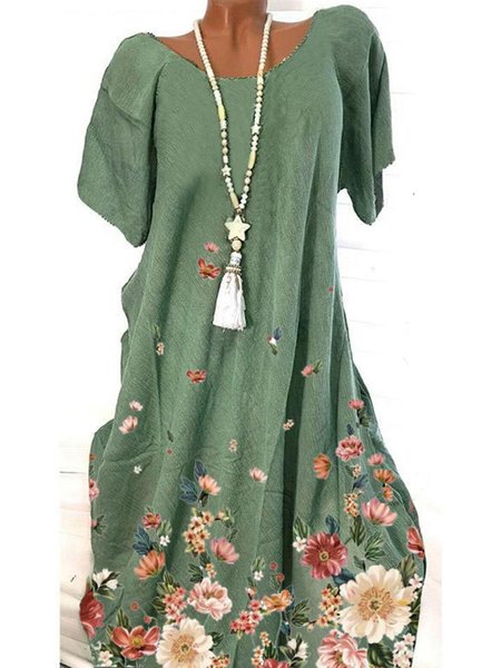 Casual Floral Crew Neck Dress, Dresses, color:Green|size:4XL, JustFashionNow