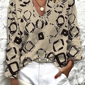 Geometric Long Sleeve V Neck Casual Top, Blouses, color:Khaki|size:S, Noracora