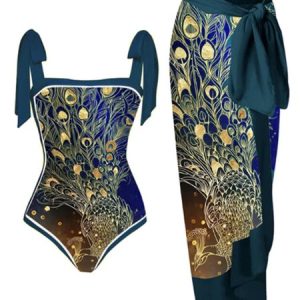 Printing Vacation Abstract One Piece With Cover Up, One-Pieces, color:Green|size:XXL, Stylewe