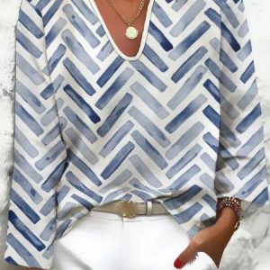 Casual Geometric Regular Fit V Neck Top, Shirts & Blouses, color:Blue|size:XXL, JustFashionNow