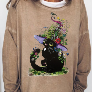 Women's Spring Editon Witch Cat Art Print Casual Regular Fit Sweatshirt, color:Khaki|size:3XL, Lilicloth.com
