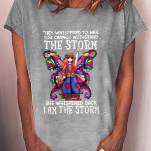 Women's They Whispered To Her You Cannot Withstand The Storm Crew Neck Casual T-Shirt, color:Gray|size:3XL, Lilicloth.com