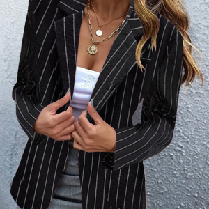 Casual Loose Lapel Collar Striped Blazer, Blazers, color:Black|size:3XL, JustFashionNow