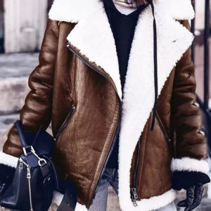 Furry Buckle Lapel Collar Faux Fur Jacket Warm Coat Jacket, Coats, color:Brown|size:4XL, Noracora