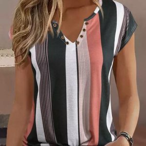 Striped Jersey Casual Buckle Blouse, Blouses, color:Multicolor|size:XXL, Noracora
