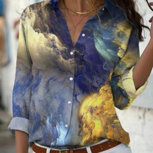 Casual Abstract Regular Fit Shawl Collar Blouse, Shirts & Blouses, color:Deep Blue|size:XXL, JustFashionNow