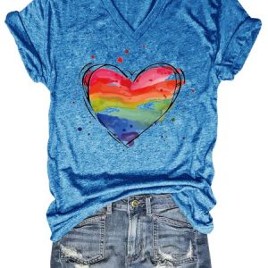 Rainbow Heart Women's Short Sleeve T-Shirt, color:Blue|size:3XL, Lilicloth.com