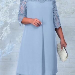 Lace Crew Neck Plain Party Dress, DRESSES, color:Light Blue|size:4XL, Noracora